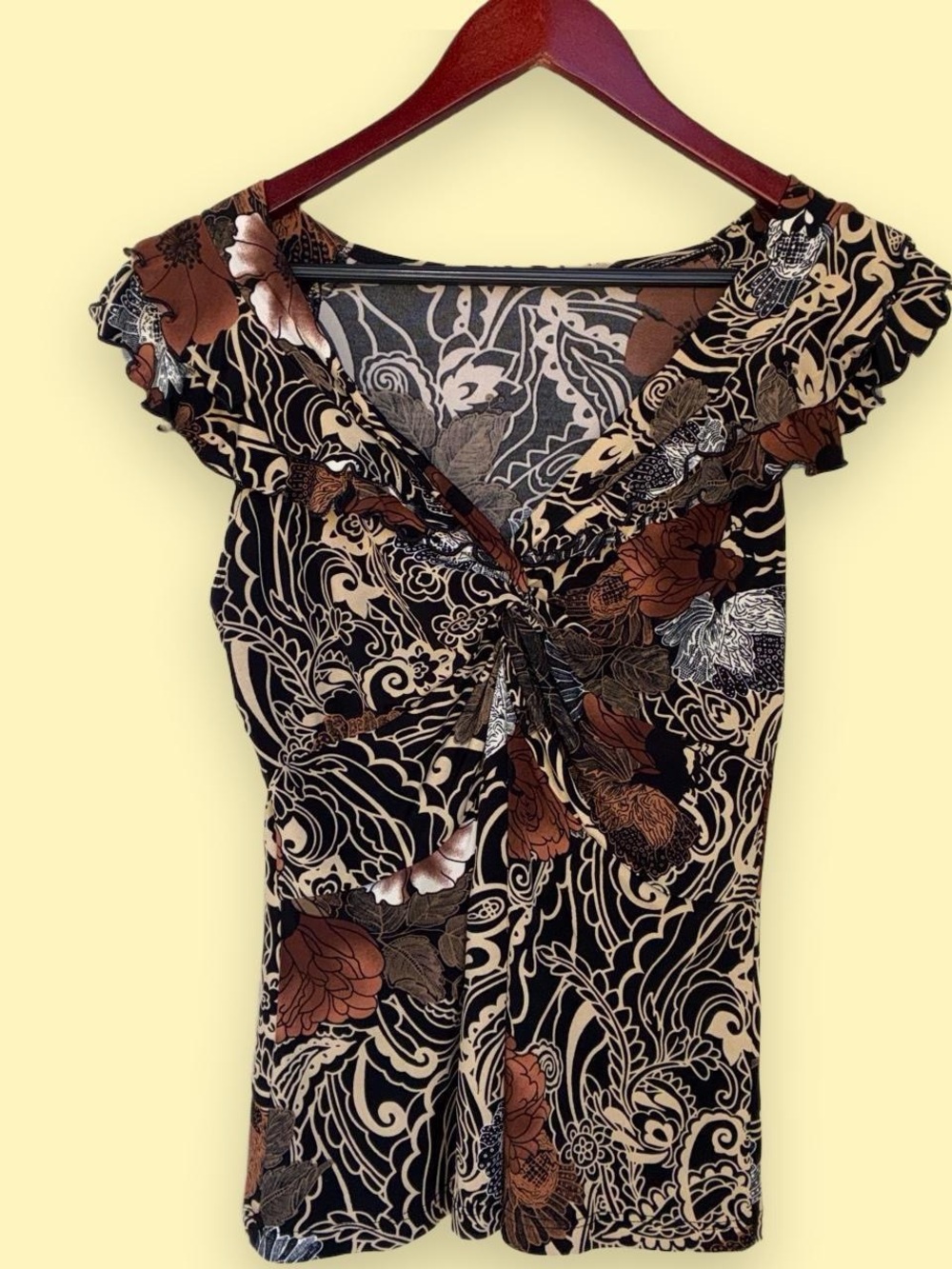 Floral Twist Front Women’s Top - Black & Brown